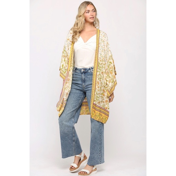 SOLD OUT Yellow Golden Bohemian Floral 3/4 Sleeve Open Kimono Casual Wrap - Picture 2 of 5
